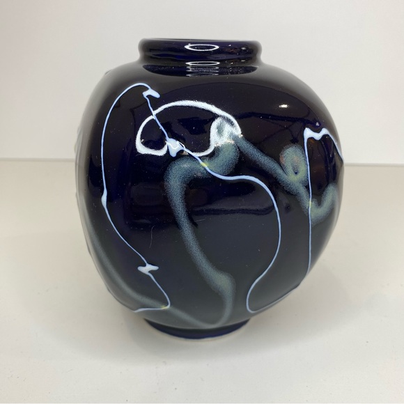 Vintage Abstract Ceramic Vase Blue Swirl Drip Glaze - Picture 2 of 5